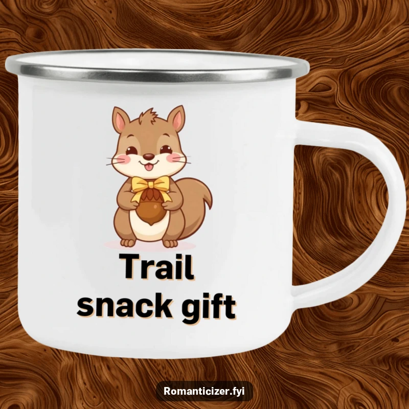 Funny squirrel camping mug showing a happy squirrel presenting a ribbon-tied acorn, perfect for enjoying drinks in nature.