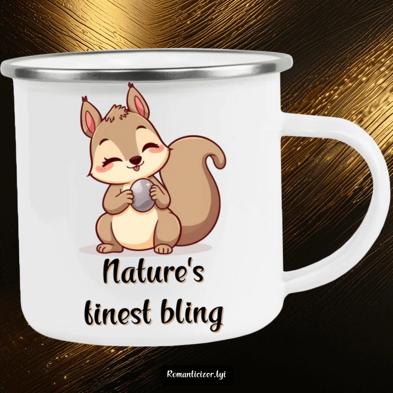 Funny camping mug with a mischievous squirrel winking and offering a shiny pebble, perfect for outdoor drinks with a playful twist.