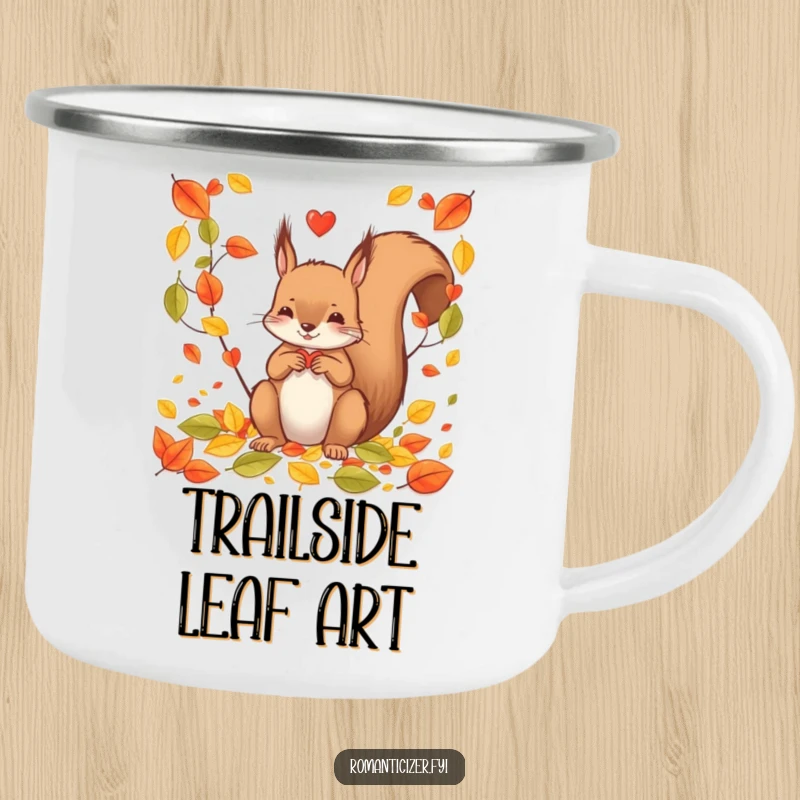Funny squirrel camping mug featuring a heart made from autumn leaves, perfect for enjoying warm drinks by the campfire.