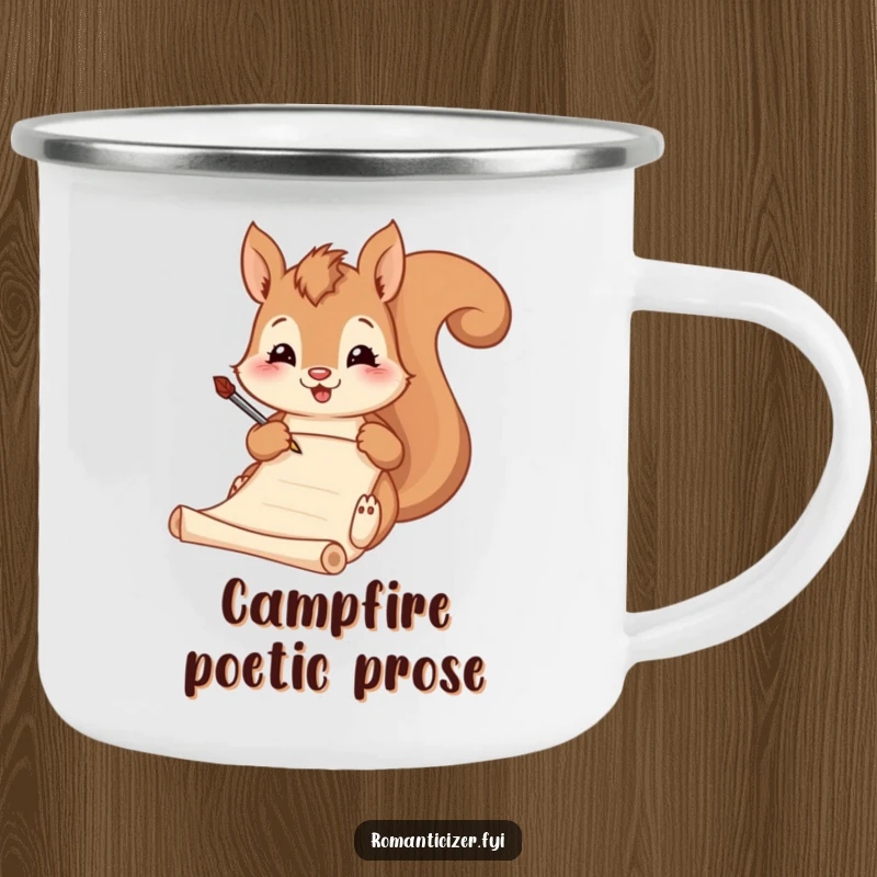 Funny camping mug, a squirrel humorously writing poetry with a quill, ideal for sipping and composing verses outdoors.