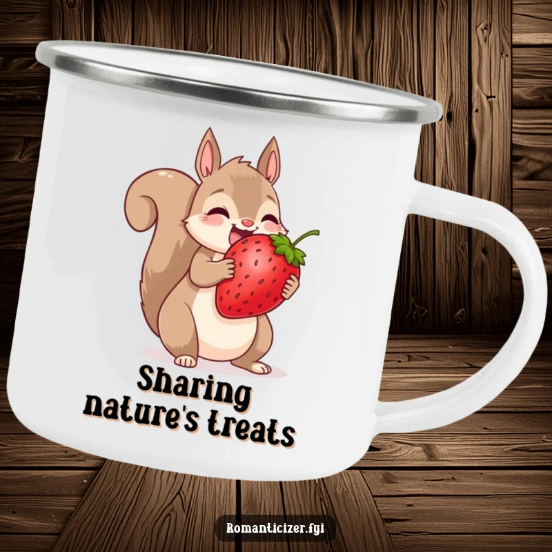 Funny squirrel camping mug showing a squirrel sharing a giant strawberry, designed for humorous outdoor sharing.