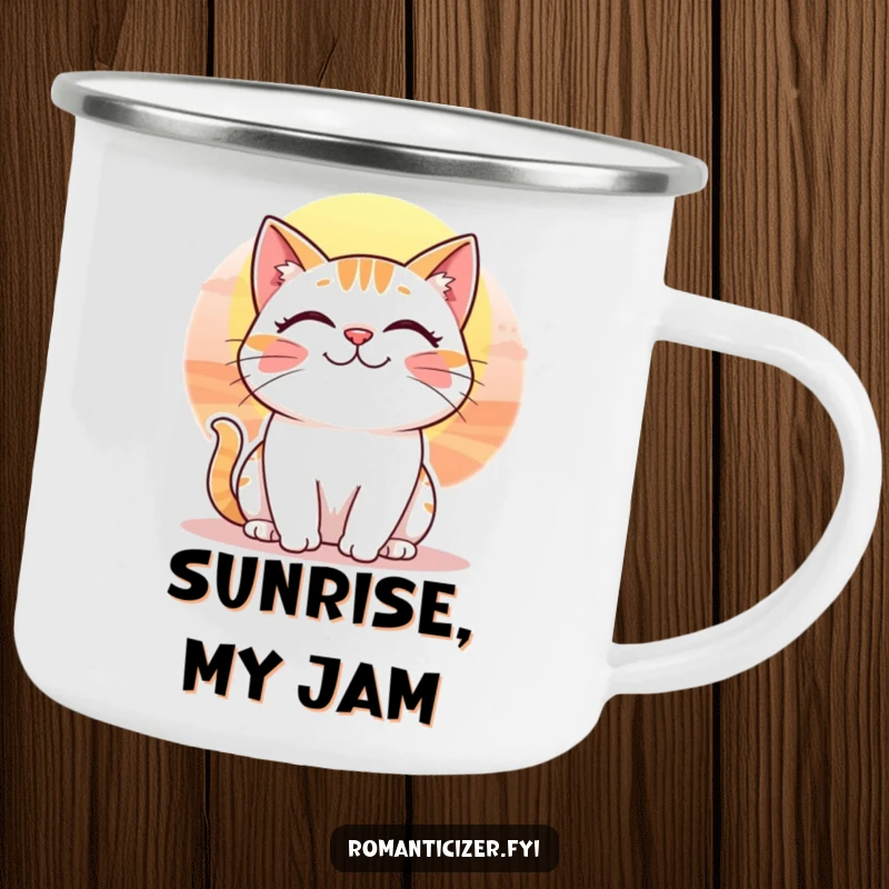 Funny camping mug with a cheerful cat smiling at a beautiful sunset, perfect for outdoor adventures.