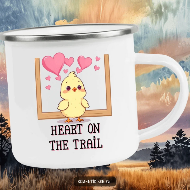 Funny chick camping mug with a bird admiring heart art, perfect for outdoor adventures and humorous coffee breaks. Cute gift.
