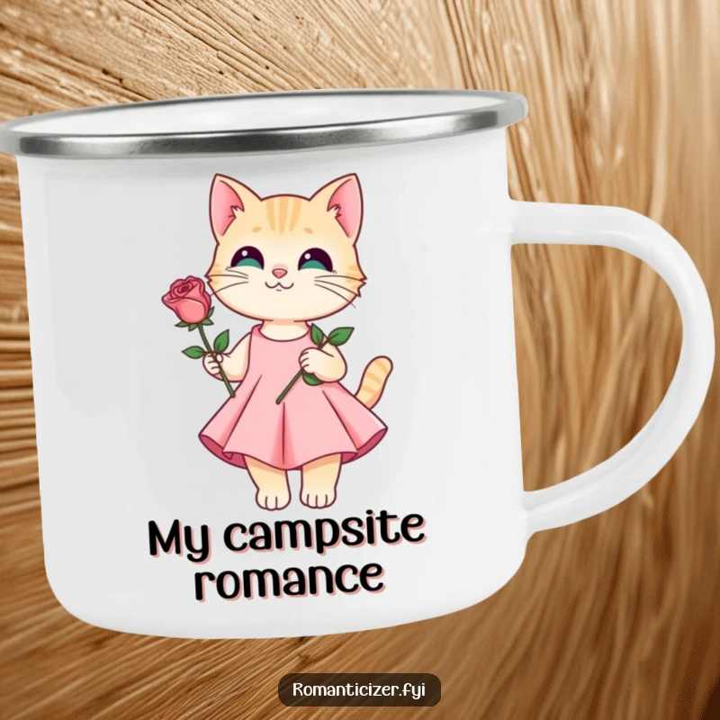 Funny camping mug showing a cat in a dress offering a rose, perfect for romantic outdoor trips.
