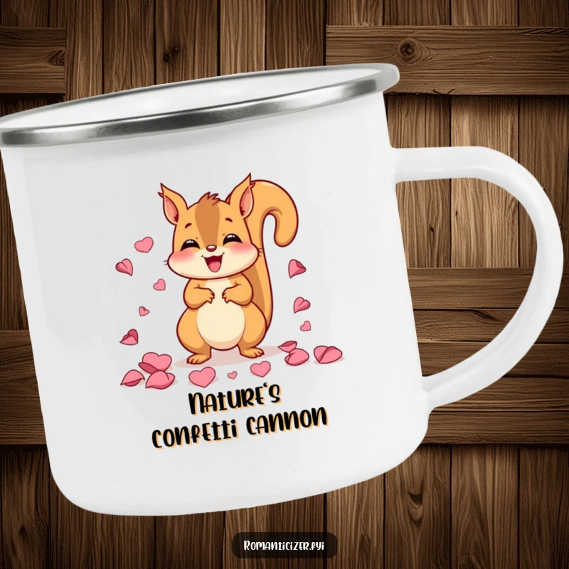 Funny camping mug featuring a happy squirrel scattering rose petals on a trail, perfect for outdoor sipping with humor.