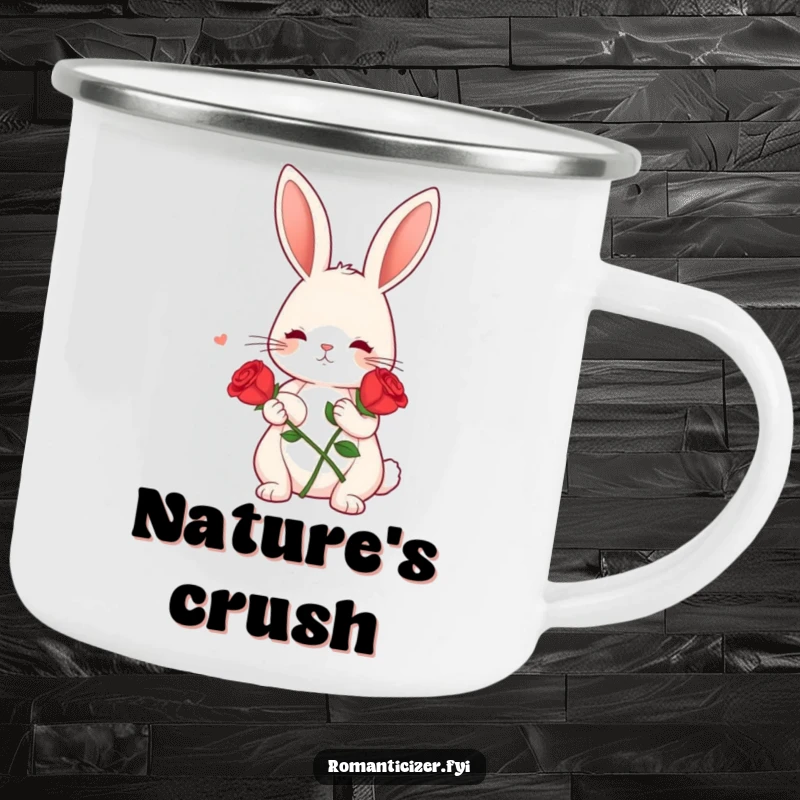 Funny camping mug featuring a cute bunny holding a red rose, looking dreamy, for enjoying beverages outdoors humorously.