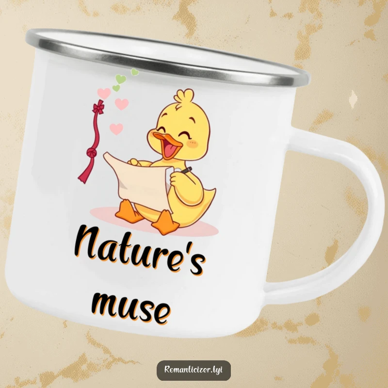 Funny camping mug featuring a delighted duckling writing a love poem on a scroll, for enjoying beverages outdoors humorously.