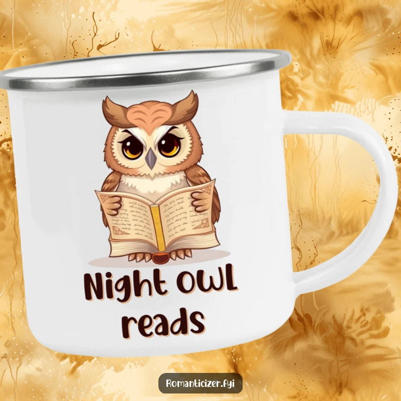 Funny owl camping mug showing a wise owl reading poetry from an ornate book, perfect for outdoor sipping.