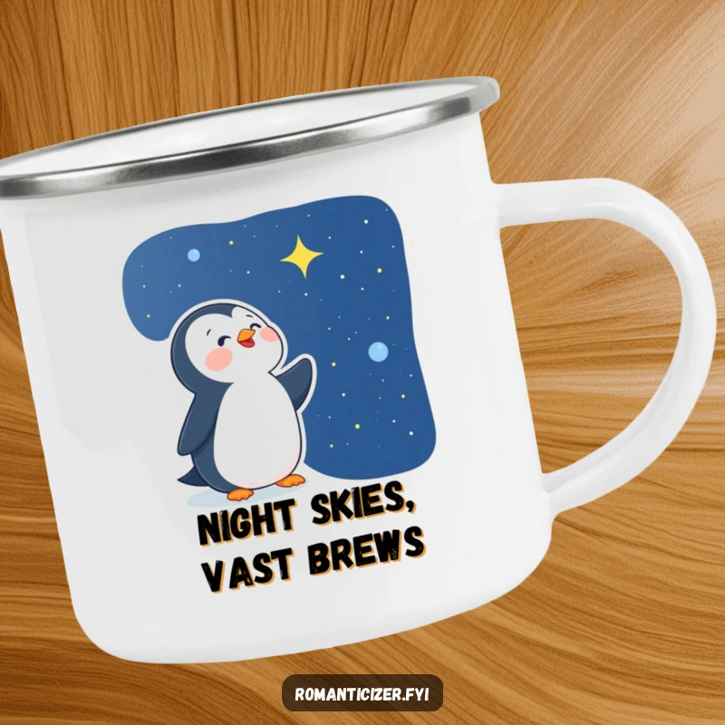 Funny delighted penguin camping mug featuring a happy bird gazing at a starry night sky, perfect for outdoor enthusiasts who love magic.