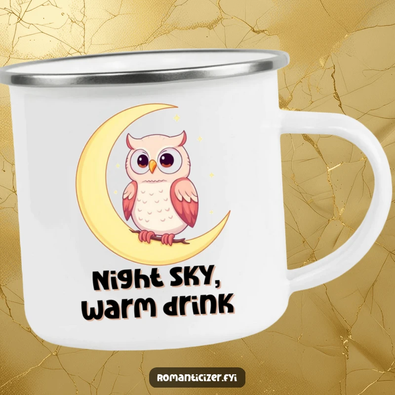 Funny camping mug featuring a romantic owl on a crescent moon under a starry sky, perfect for enchanting outdoor drinks.