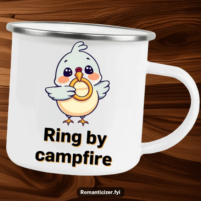 Funny camping mug featuring an excited bird with a diamond ring, durable and humorous, perfect funny gift for campers.
