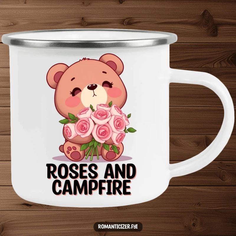 Funny Bear Camping Mug: A cute bear holding roses gazes dreamily upwards, perfect for rugged outdoor enjoyment with romance.