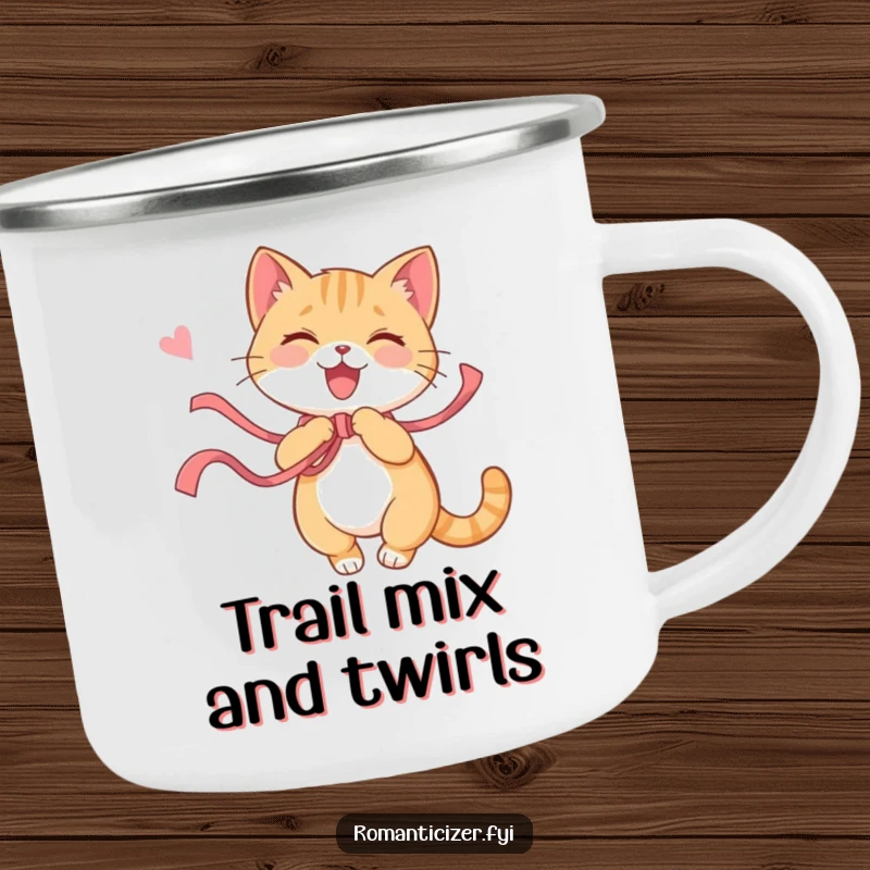Funny cat camping mug showing a playful cat twirling with a ribbon, looking happy and content. Rugged and whimsical drinkware.