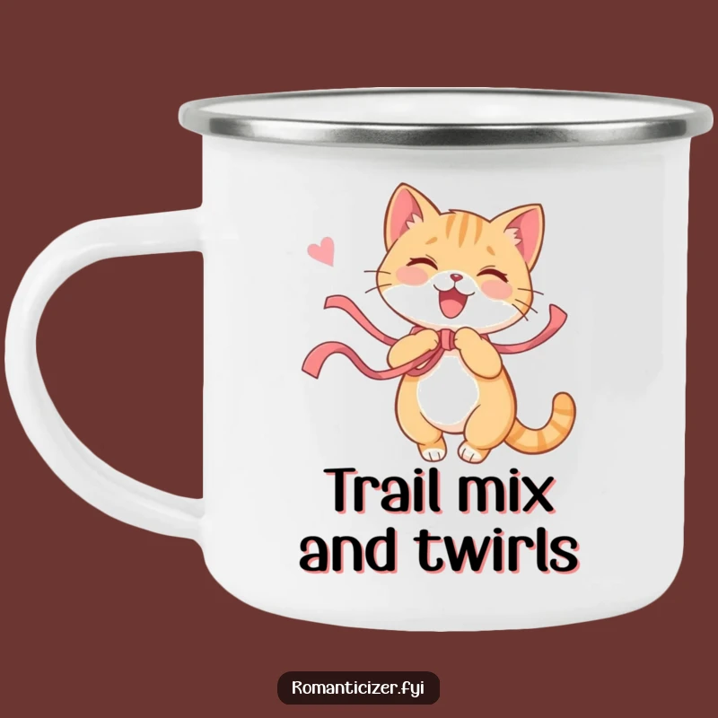 Funny Cat Ribbon Twirl Camping Mug: Adventure with Playful Energy