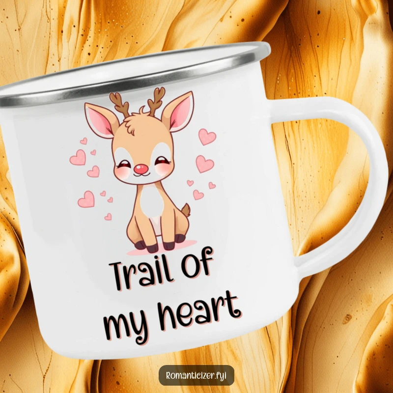 Funny deer kiss camping mug featuring a gentle deer blowing a kiss with hearts, perfect for enjoying drinks outdoors.