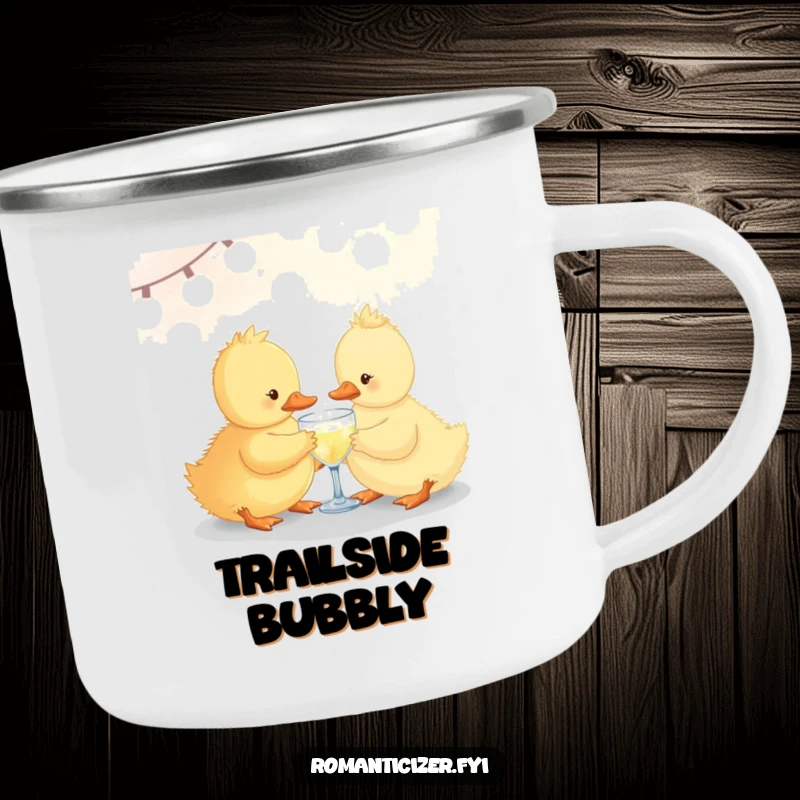 Funny duckling camping mug sharing a small sparkling drink under soft lights, perfect for enjoying beverages outdoors.