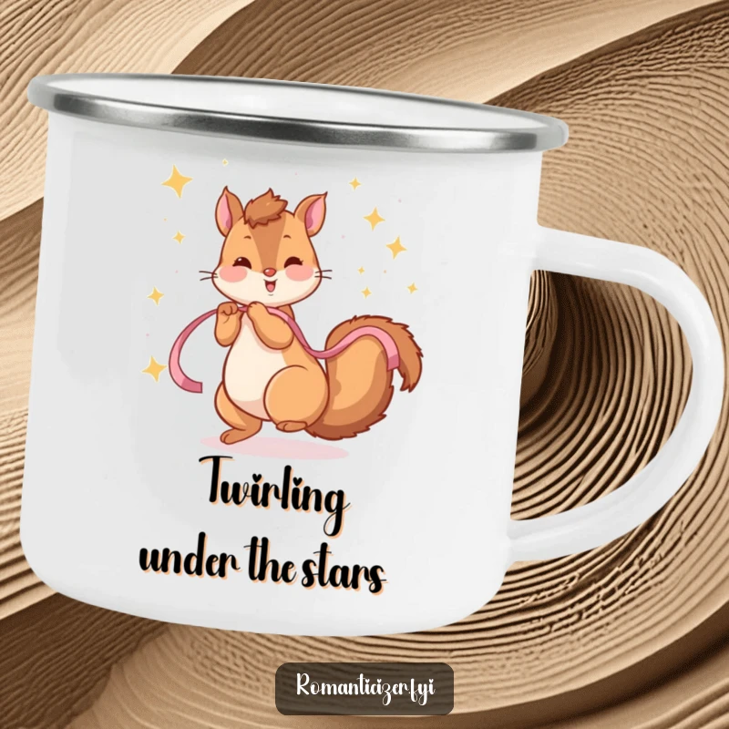 Funny camping mug with a playful squirrel twirling with a ribbon under a sky of sparkling stars, evoking outdoor magic.