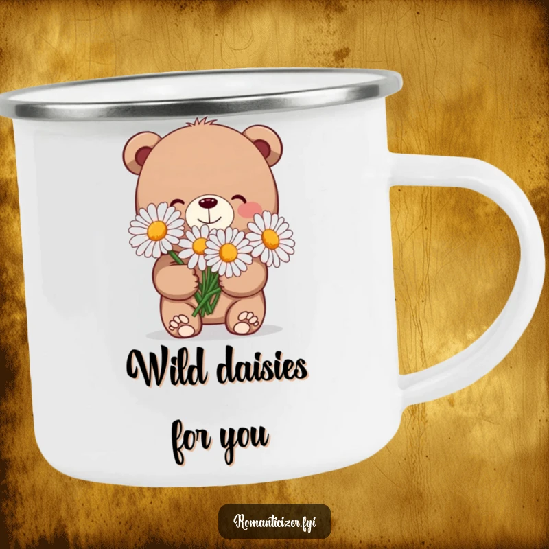 Funny camping mug featuring a charming bear with a shy grin holding oversized daisies, perfect for outdoor admirers.