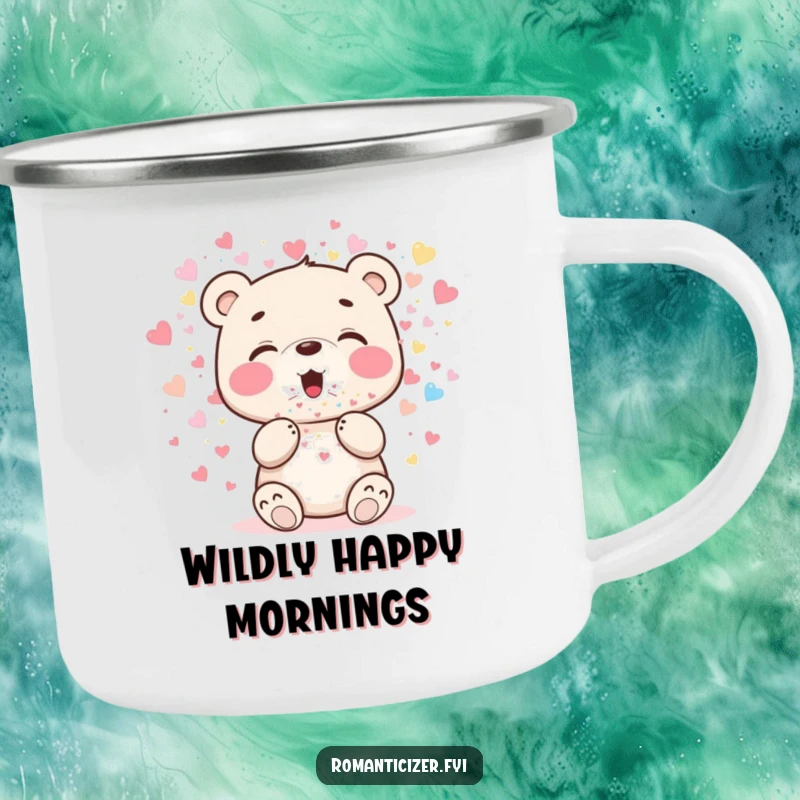 Funny bear cub camping mug featuring a cheerful cub blowing heart confetti, perfect for outdoor celebrations.