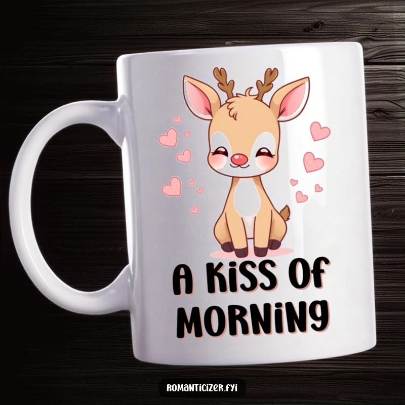 Funny deer mug with a gentle deer blowing a kiss, surrounded by tiny floating hearts, symbolizing affection.