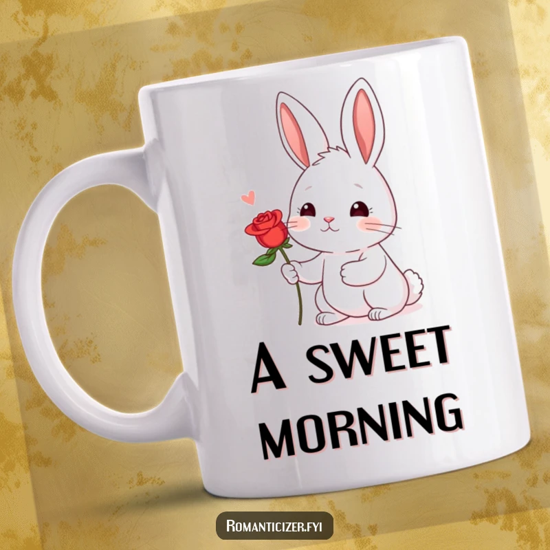 Funny Shy Rabbit Rose Mug: A shy rabbit offers a red rose with a hopeful blush, sweet romance gift.
