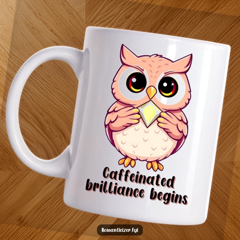 Funny mug featuring a happy owl proudly presenting a single, perfectly crafted jewel with an intelligent, pleased expression.