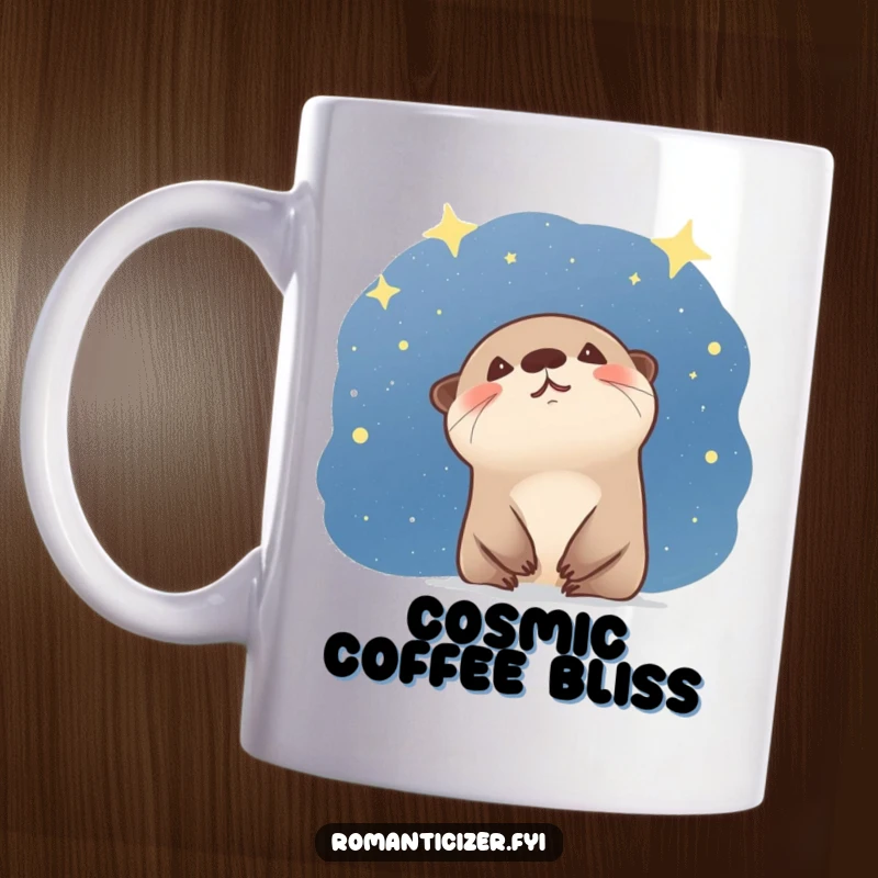 Funny otter mug with a giggling creature gazing in awe at a starry night sky, embodying wonder and cosmic joy. Humorous gift.