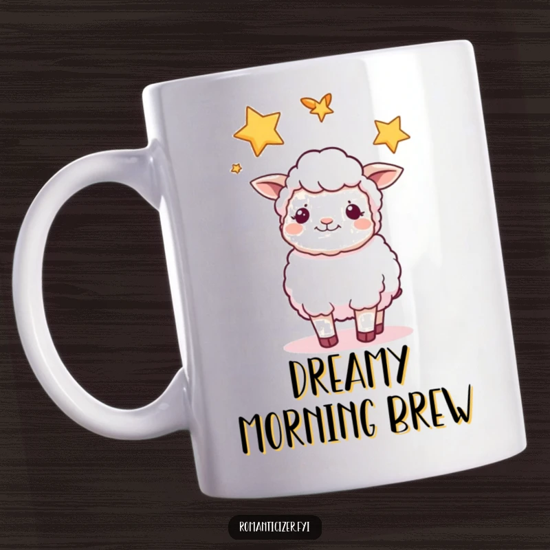 Funny sheep mug showing a content sheep peacefully gazing up at two intertwined stars in the night sky.