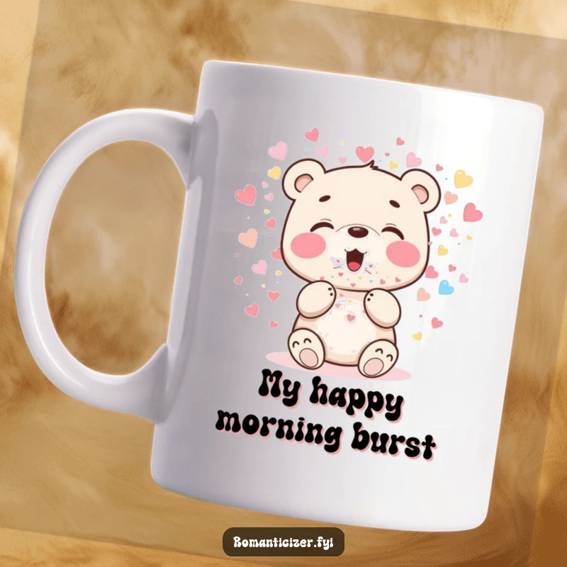 Funny bear cub mug featuring a cheerful cub blowing a shower of sparkling, heart-shaped confetti with delight.