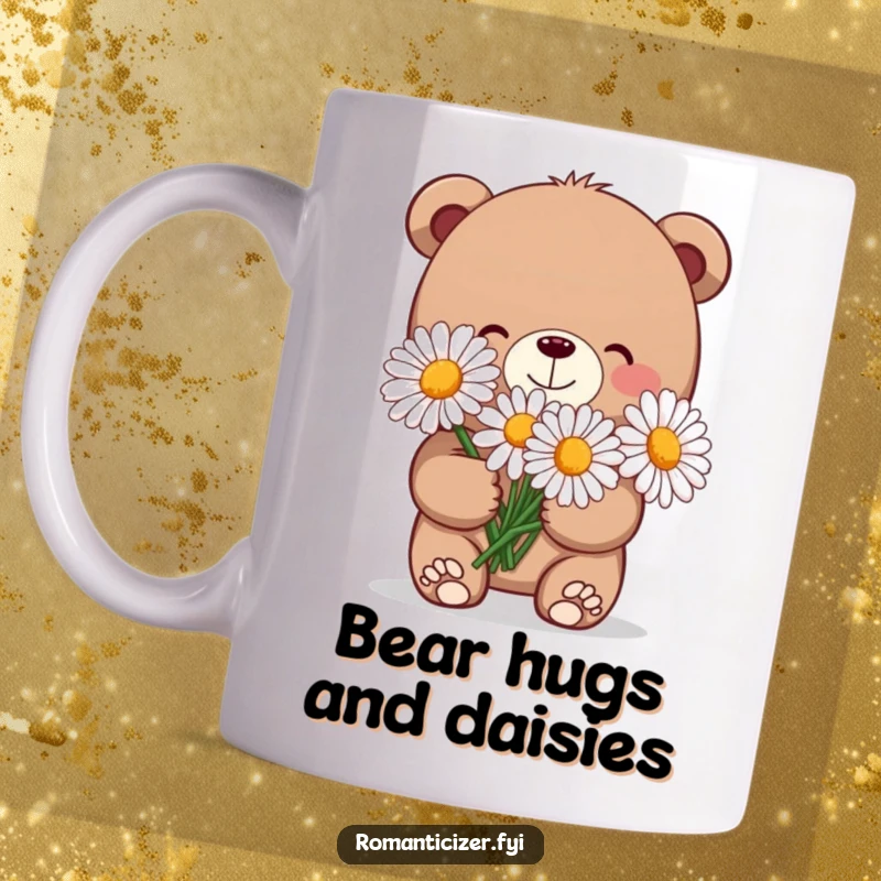 Funny mug featuring a charming bear with a shy grin, holding a large bouquet of daisies, looking endearingly bashful.