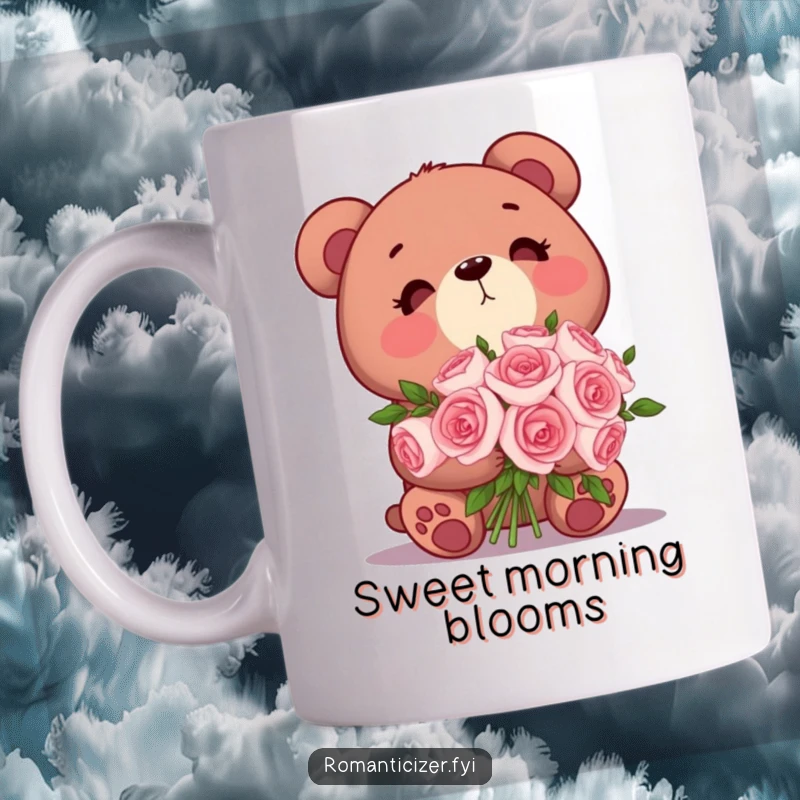 Funny Bear Mug: A cute bear tenderly holds a bouquet of roses, gazing dreamily upwards with a heart full of love.
