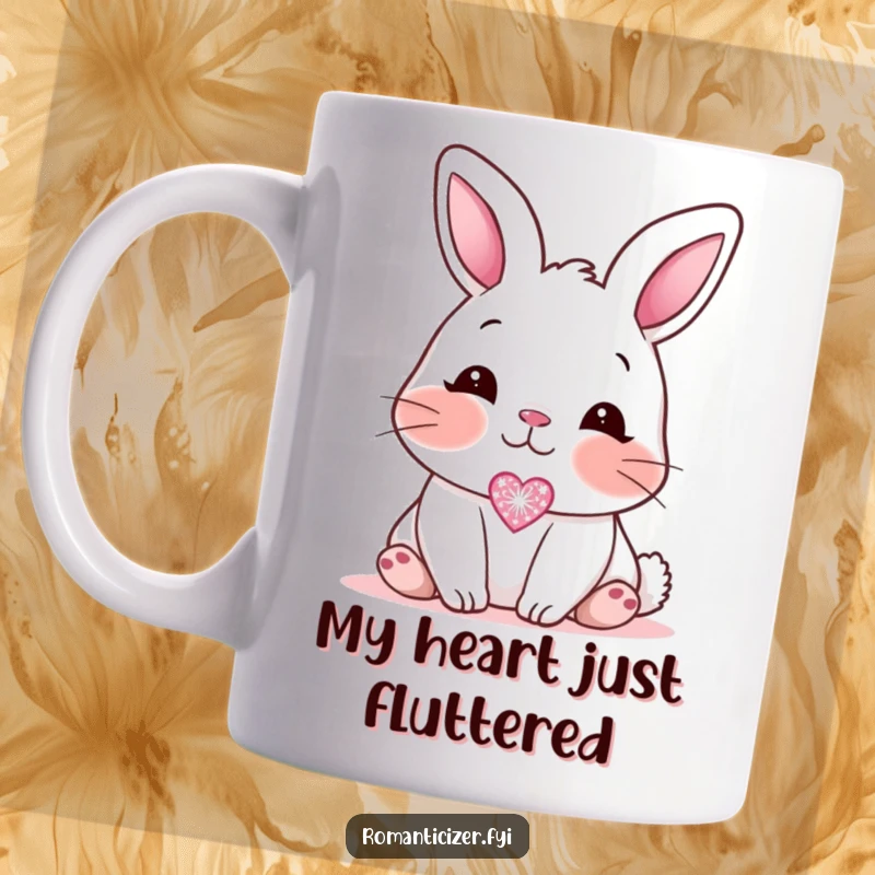 Funny blushing bunny mug, showing a sweet bunny looking affectionately at a small, sparkling heart icon with rosy cheeks.