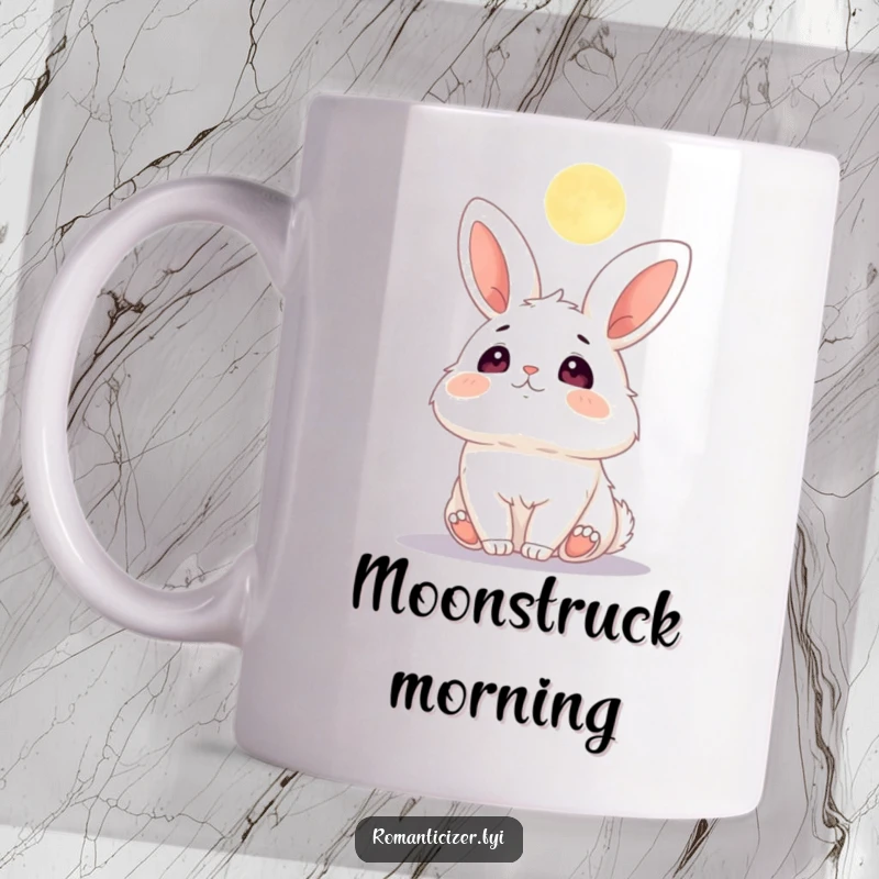 Funny mug with a fluffy bunny adoringly looking up at a glowing moon with rosy cheeks.