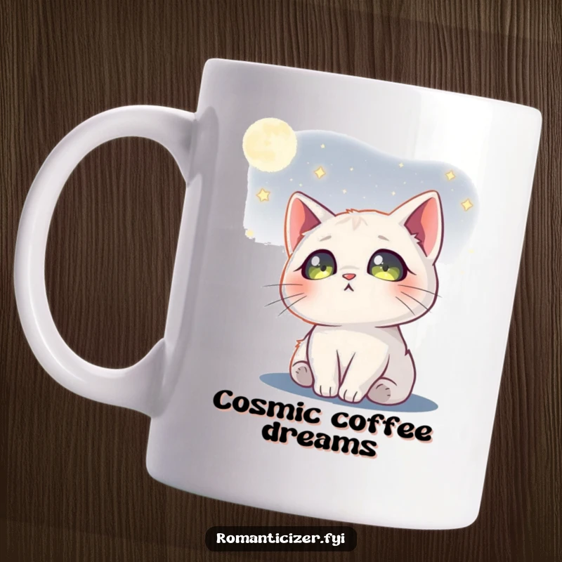 Funny cat mug featuring a dreamy feline gazing at the moon, with stars reflected in its eyes, evoking wonder.