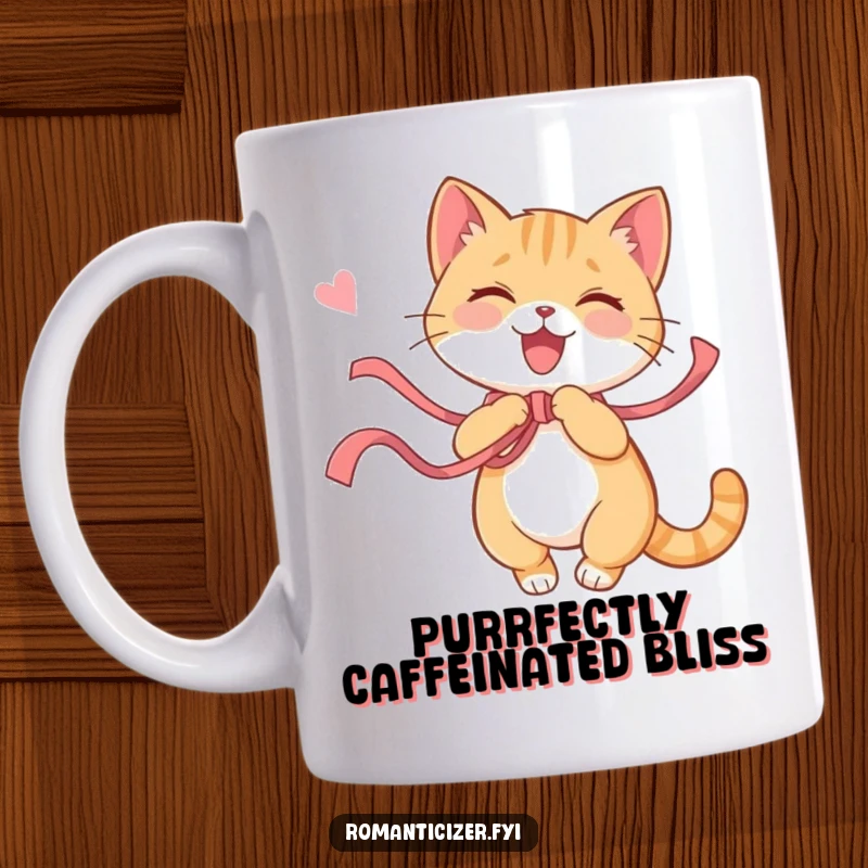 Funny cat mug featuring a playful cat twirling gracefully with a colorful ribbon, a happy sigh escaping its lips. Pure feline delight.