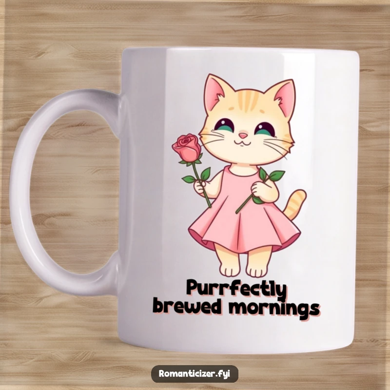Funny mug featuring an elegant cat in a flowing dress holding a single rose, exuding charm and affection.