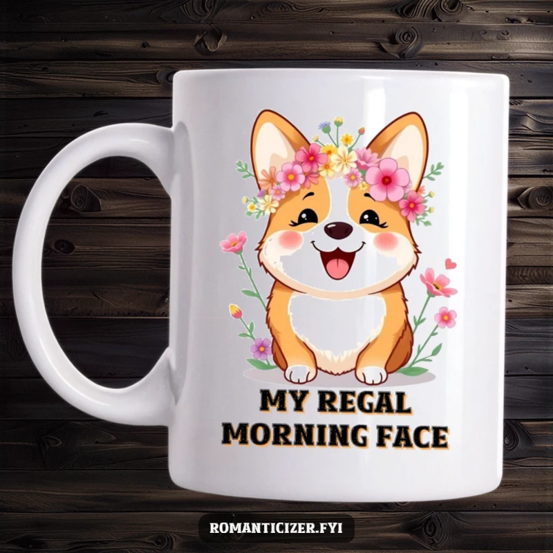 Funny Mug showcasing a joyful corgi with a sweet smile, wearing a delightful crown of colorful wildflowers, radiating happiness.