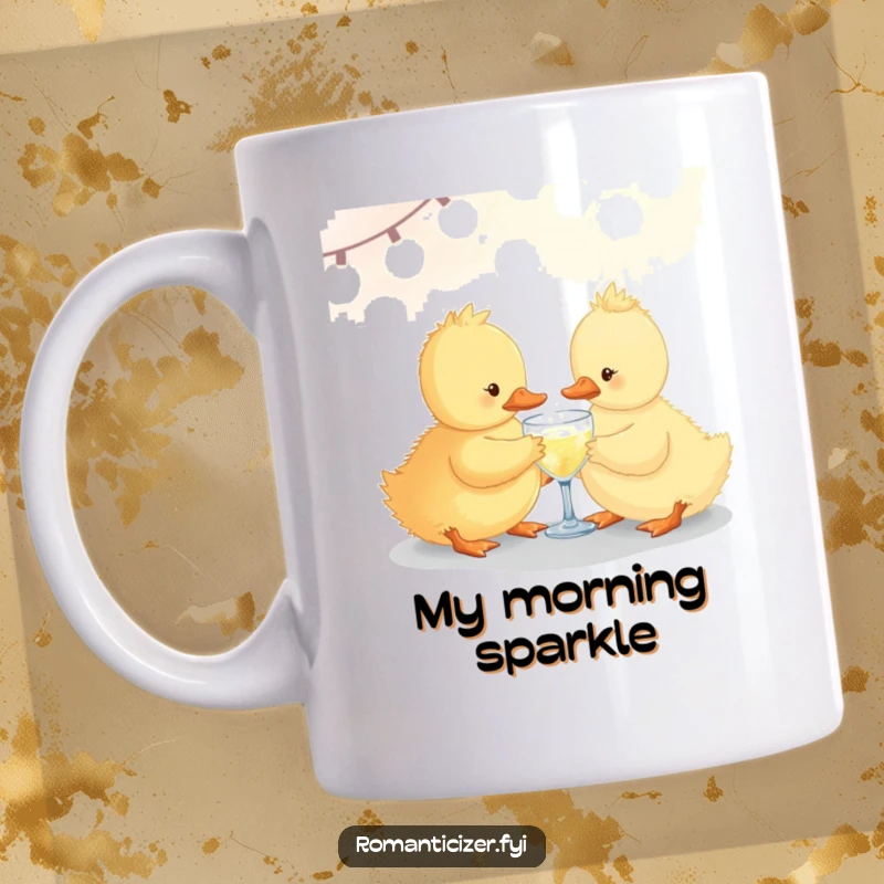 Funny duckling mug sharing a small sparkling drink under soft lights, embodying joy and a celebratory mood.