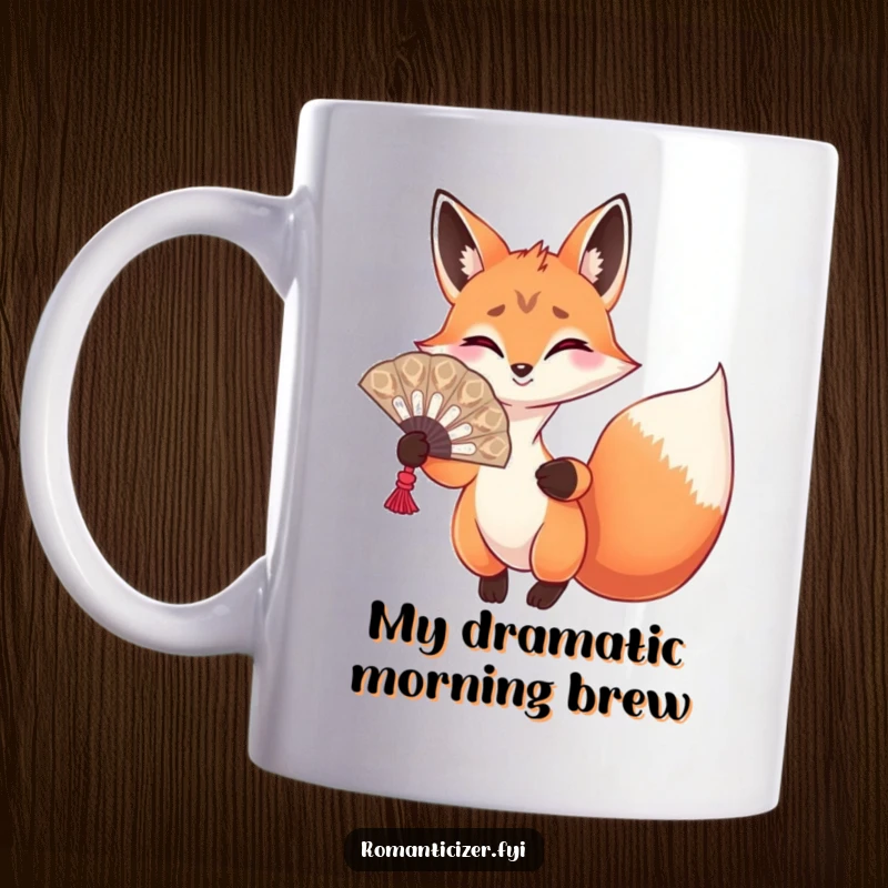 Funny fox mug featuring a playful fox holding a large ornate fan, posing dramatically with a sassy expression.
