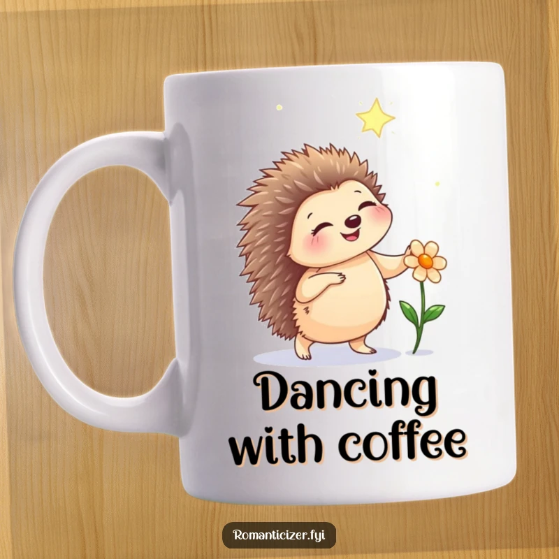 Funny hedgehog mug showing a happy hedgehog dancing joyfully under a starry sky, holding a delicate flower.