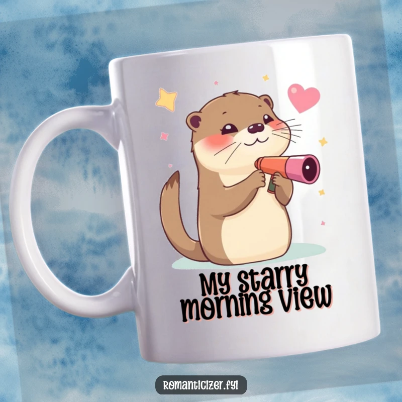 Funny mug, a winking otter joyfully gazing at stars through a heart-shaped telescope, full of cosmic curiosity and humor.