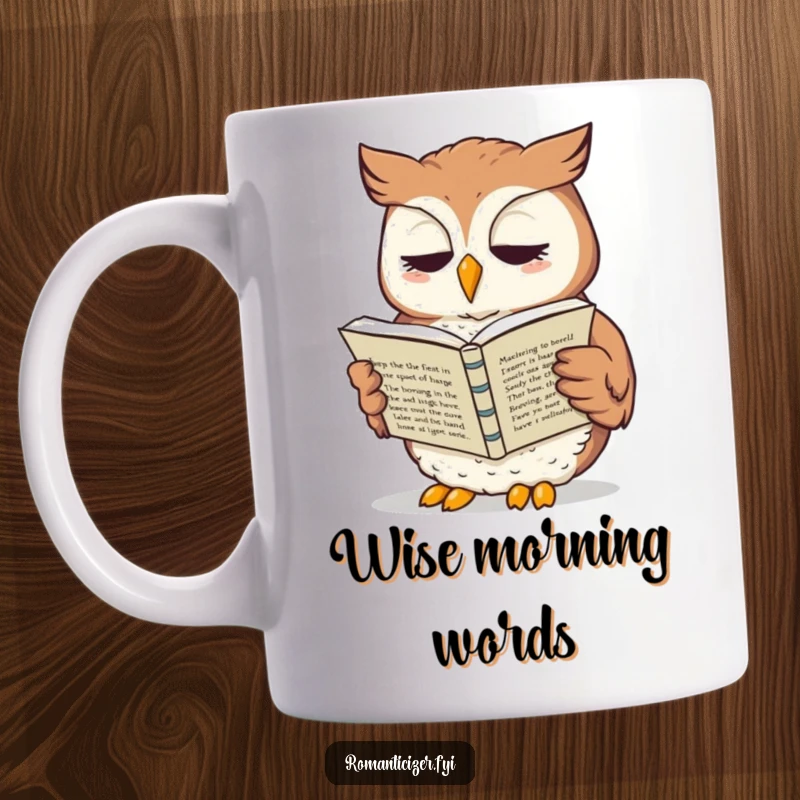 Funny owl mug featuring a wise owl reading a book of sonnets aloud with a comical, dramatic flair for literature lovers.