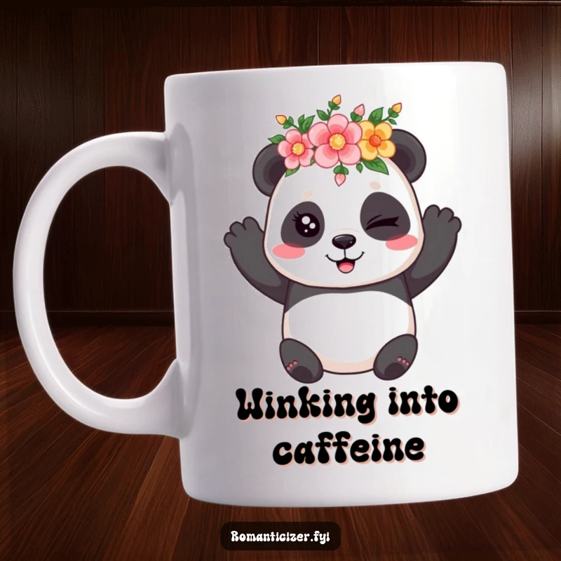 Funny mug featuring a playful panda wearing a floral crown, winking coyly with a mischievous and charming expression.