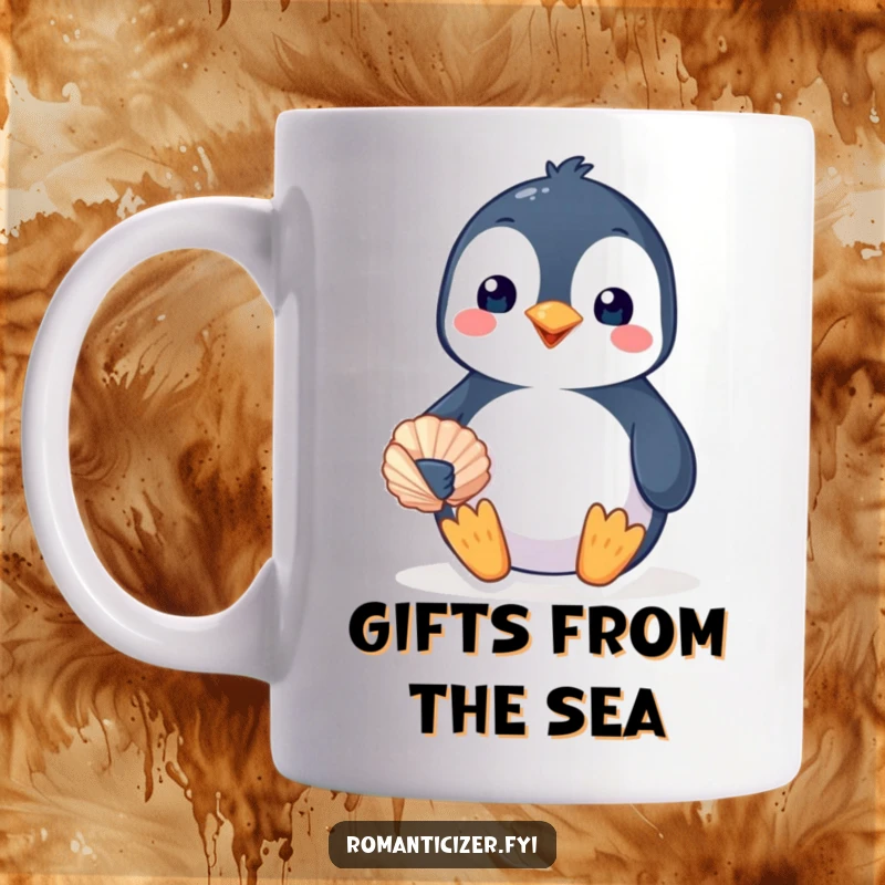 Funny penguin mug with a happy bird presenting a seashell, symbolizing love and gentle affection. A humorous, cute gift.