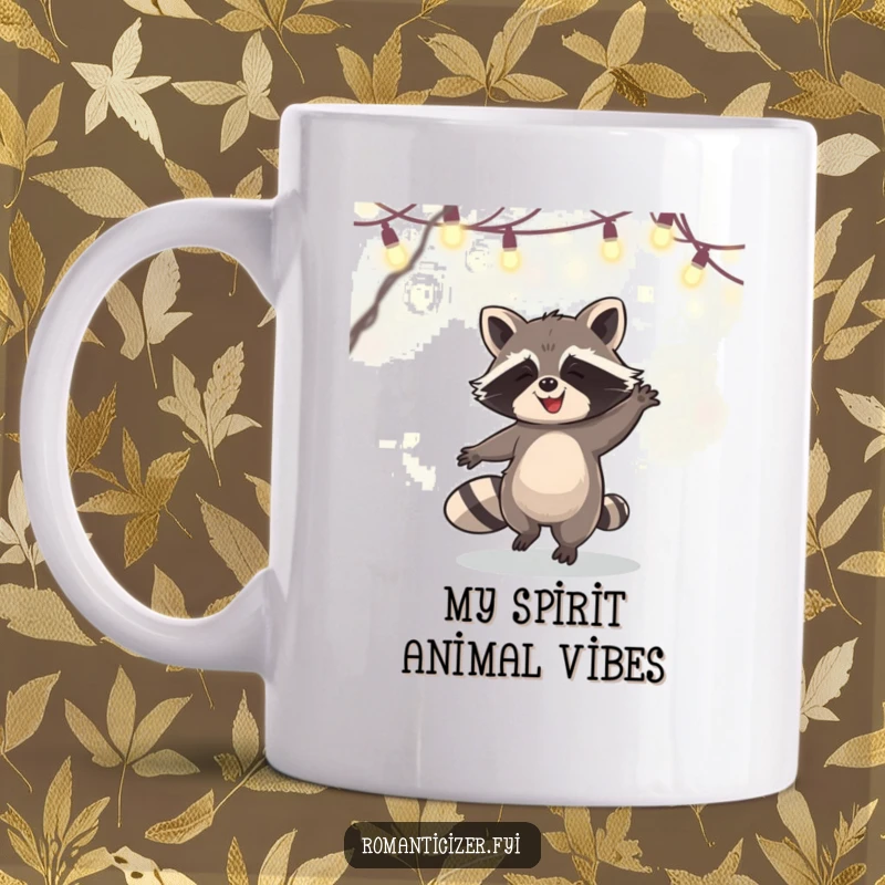 Funny Mug featuring a jubilant raccoon joyfully dancing beneath a cascade of enchanting fairy lights, radiating pure happiness.