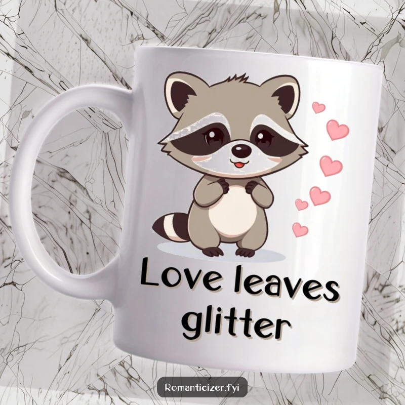 Funny raccoon mug showing a naughty raccoon leaving a trail of sparkling hearts, celebrating playful mischief and love.