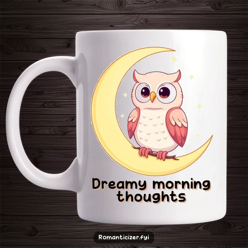 Funny mug featuring a romantic owl perched on a crescent moon under a starry sky, creating a whimsical and enchanting scene.