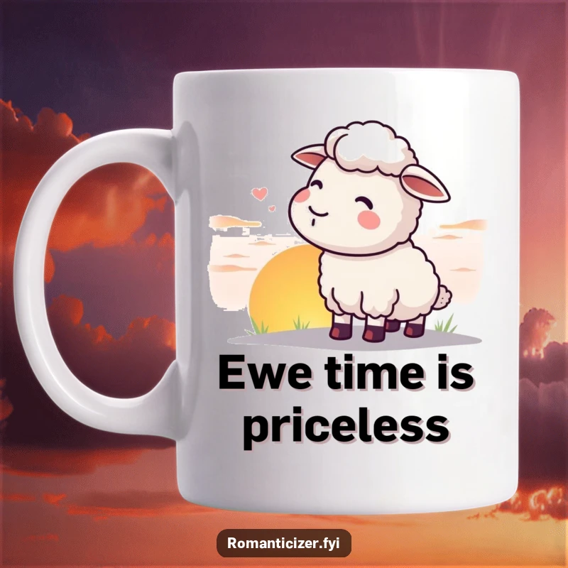 Funny sheep mug showing a content sheep watching a spectacular sunset with a happy sigh, a humorous depiction of pure bliss.