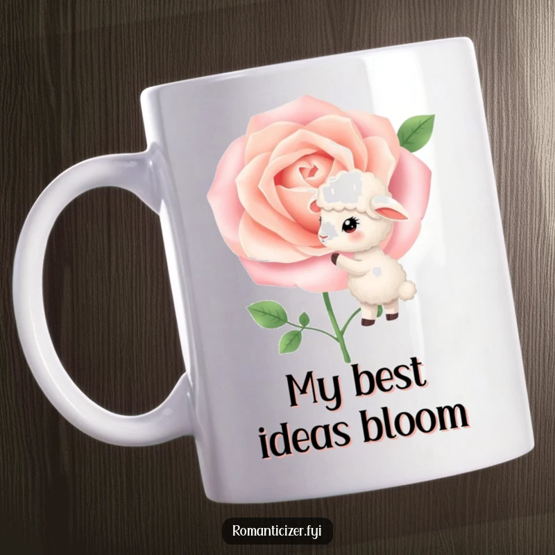 Funny Mug showing a fluffy sheep gently whispering secrets into the petals of a beautifully blooming rose, conveying sweet intimacy.