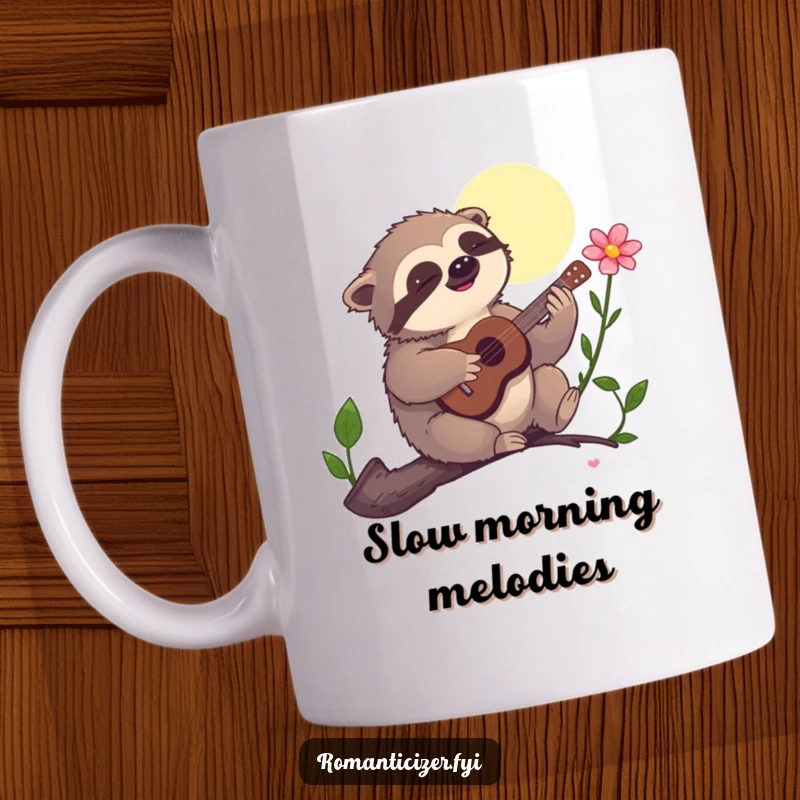 Funny mug, a delighted sloth slowly playing a tiny guitar to serenade a flower under the moonlight, conveying peaceful humor.